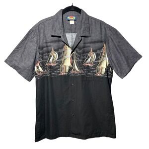 Vintage Hawaii Blues Aloha Shirt Sailboat Print Button Up Camp Shirt Black M